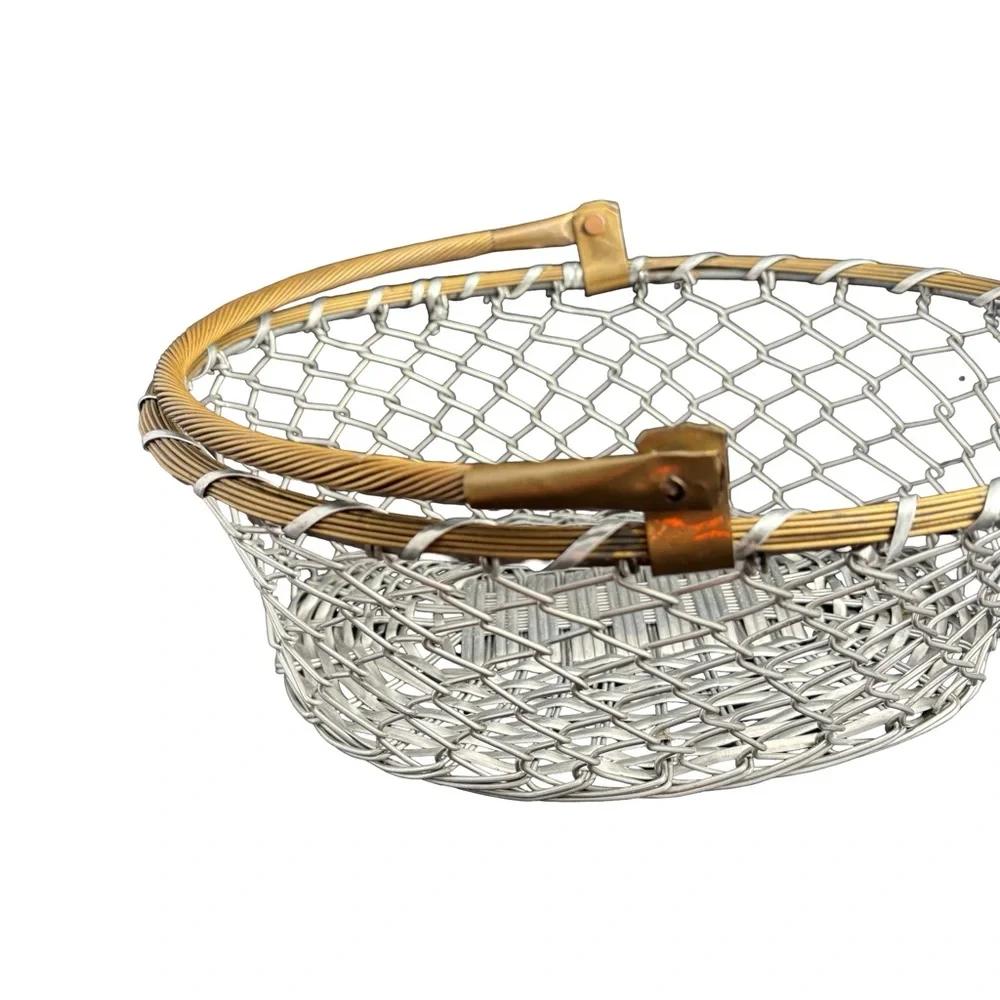 Vintage Mid-Century Silver & Gold Wire Basket with Hinged Handle